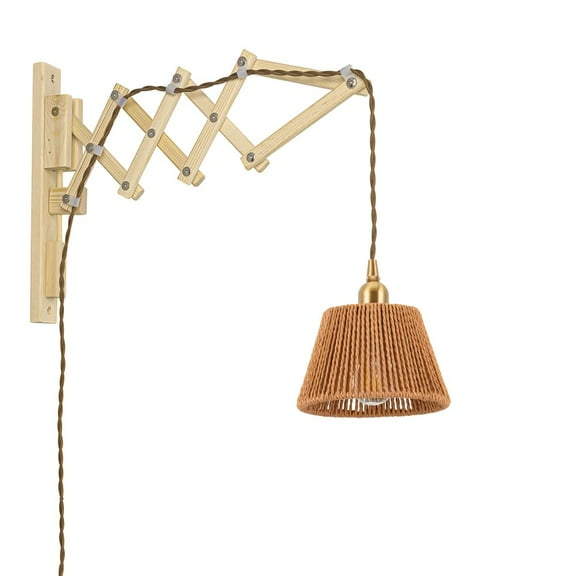 KAYYELAMP Adjustable Front to Back Wooden Wall Sconce with 9.8ft Plug-in Cord E12 Brass Base Brown Rattan Mini Shade Wabi-sabi Style for Home Office(No Bulb)