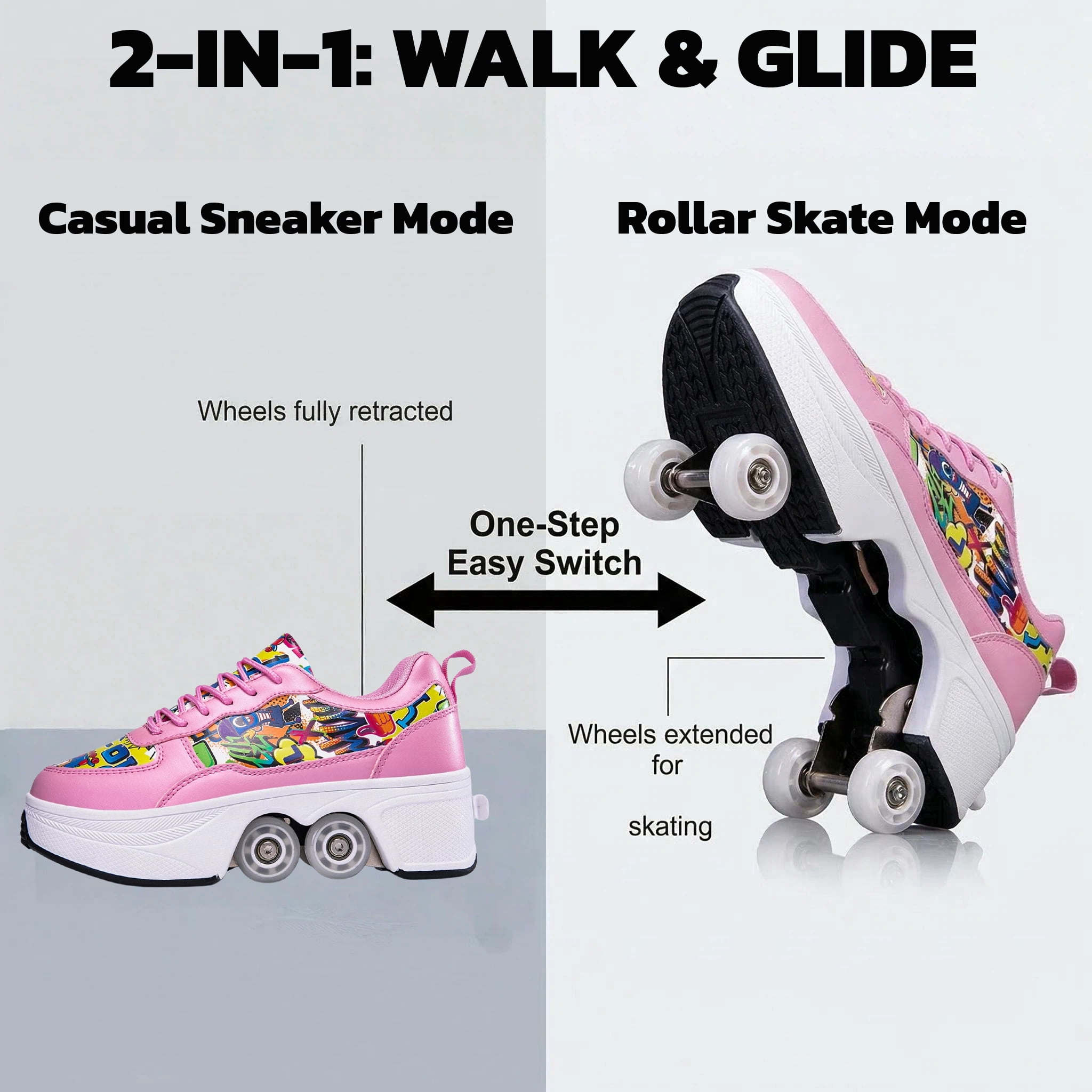 CZV Women's & Teens Graffiti Print Four-Wheel Convertible Roller Skate Shoes,2-in-1 Roller Skates & Sneakers Unisex Retractable Wheels Indoor Outdoor Fun & Fitness Kick Roller Shoes