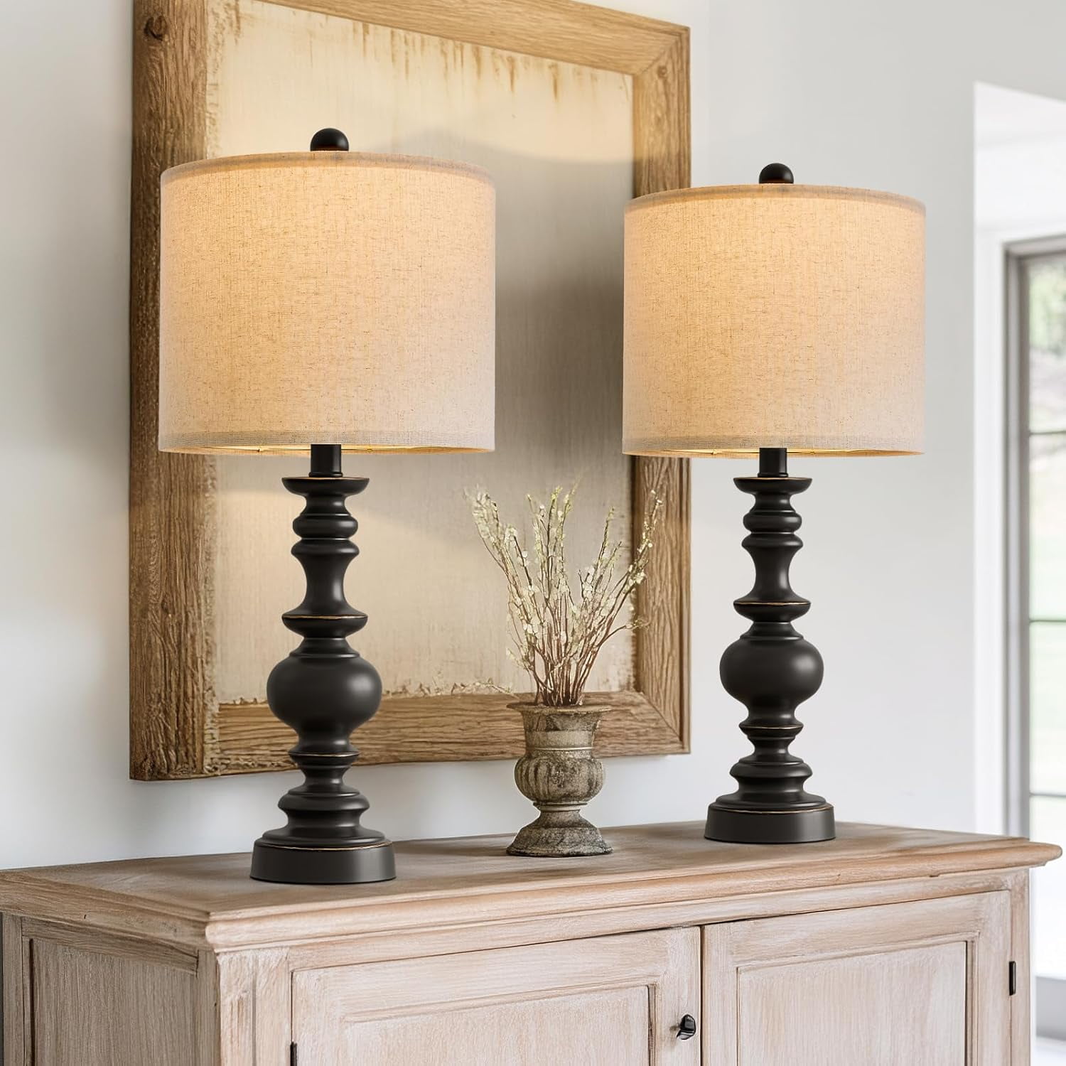 24 Inch Traditional Farmhouse Table Lamp Set of 2 Vintage Resin Nightstand Lamps with Linen Shades for Bedroom Living Room Office