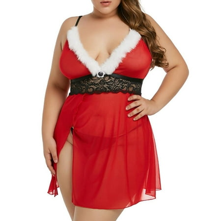 

Enjiwell Women s Plus Size Christmas Feathers V Neck Sleeveless Sexy Mesh Stitching Sling Nightgown