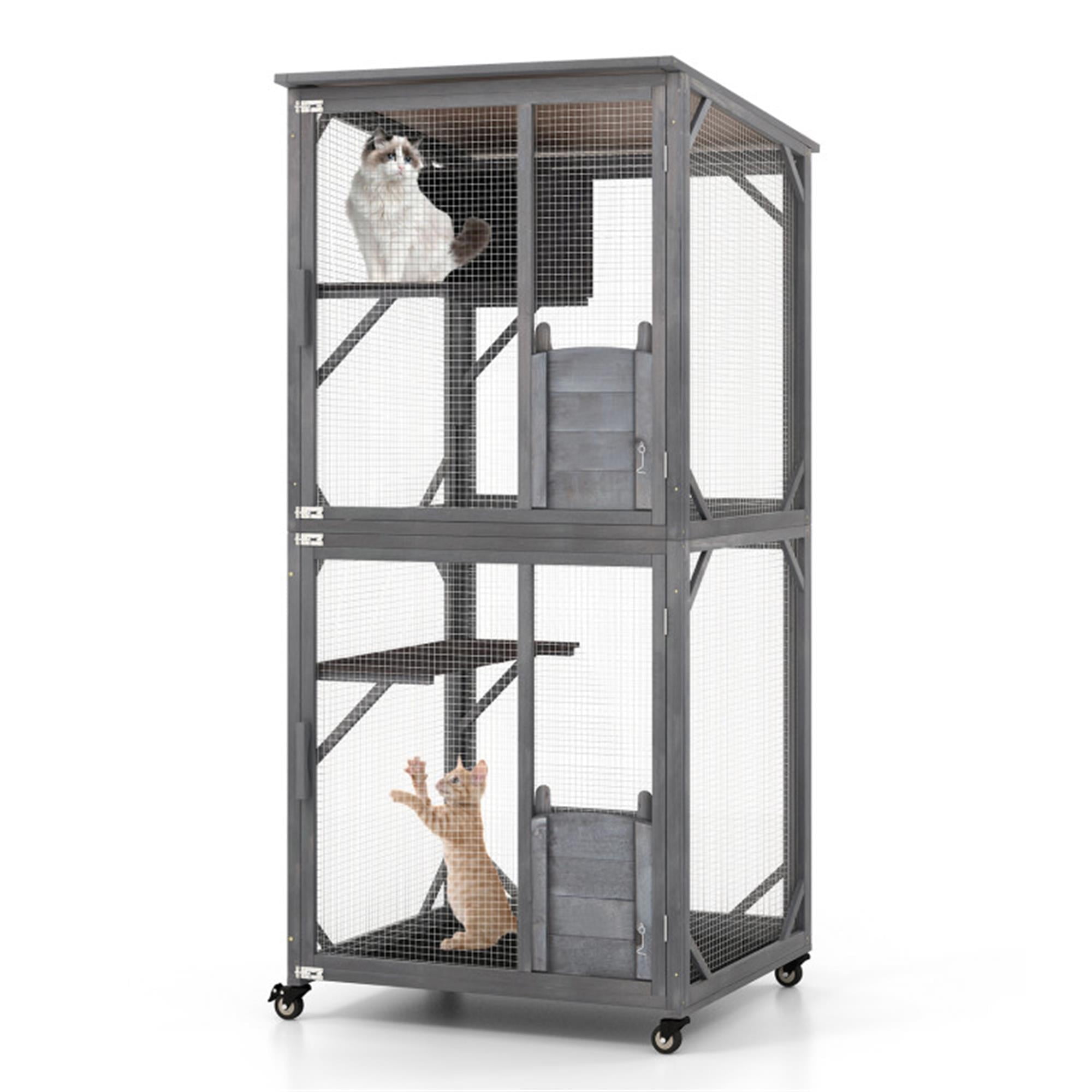 Pefilos 72" Outdoor Wood Cat House, 3 Floors Cat Enclosure Catio, Indoor Kitten Playpen with Resting Box, Cat Cage Waterproof Asphalt Roof, Gray