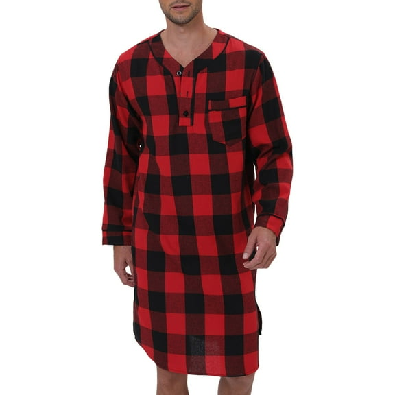 Mens Fluffy Robe Long Plush Plaid Print With Pockets Blend Flannel Long Sleeve Sleep Nightshirt Loungewear Red L