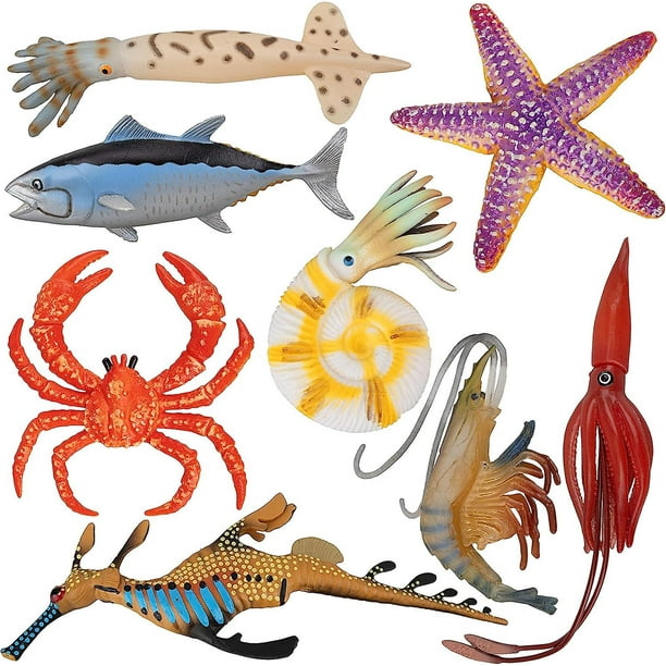 Figuras de animales marinos de plástico de 8 Uds., juguete de baño con cangrejo, estrella de mar, pez calamar, figuras de criatura marina de goma"
