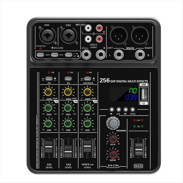 Mezclador de Audio de 4 Canales con Alimentación Fantasma de 48 V, Mezclador de Sonido de Estudio USB, Consola de DJ con Bluetooth para Karaoke.
