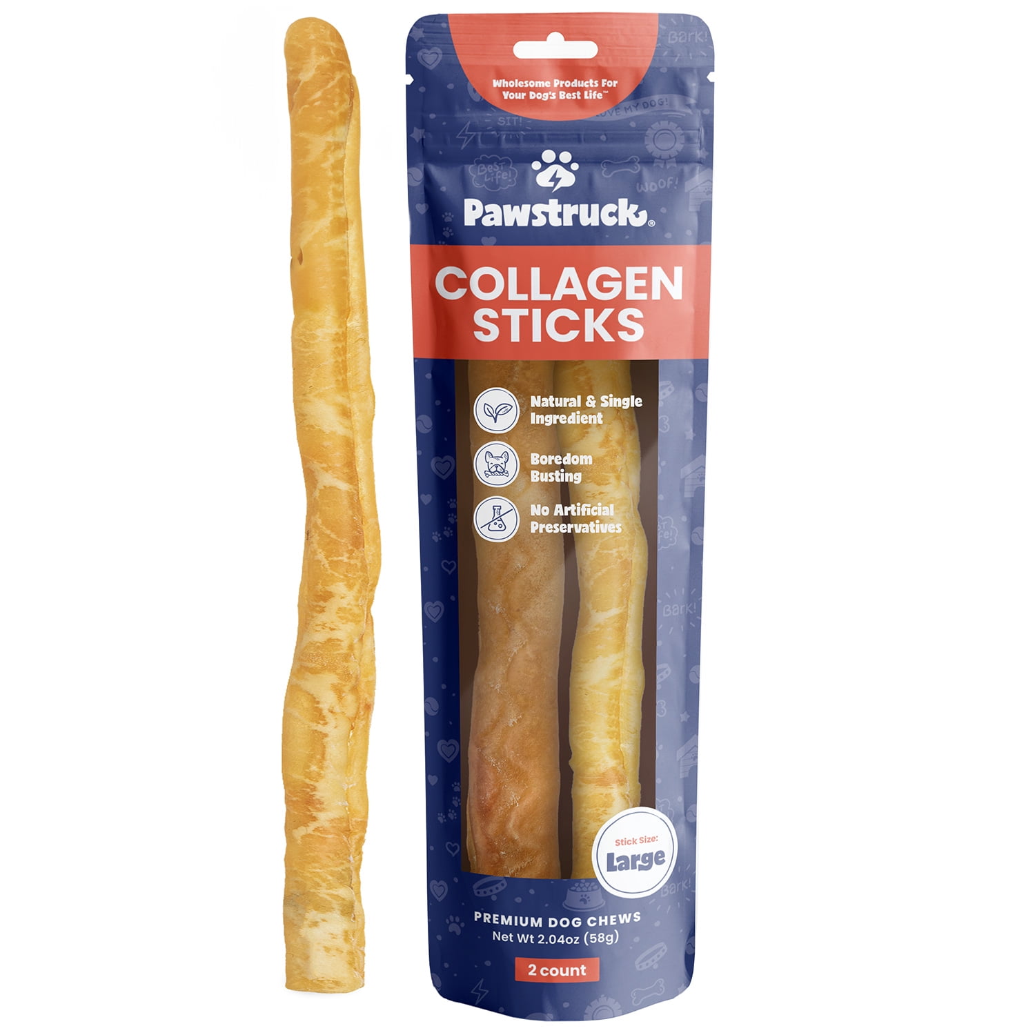 (3 pack) Pawstruck Natural Large Beef Collagen Sticks, Single Ingredient Chews for Dogs, 2pk