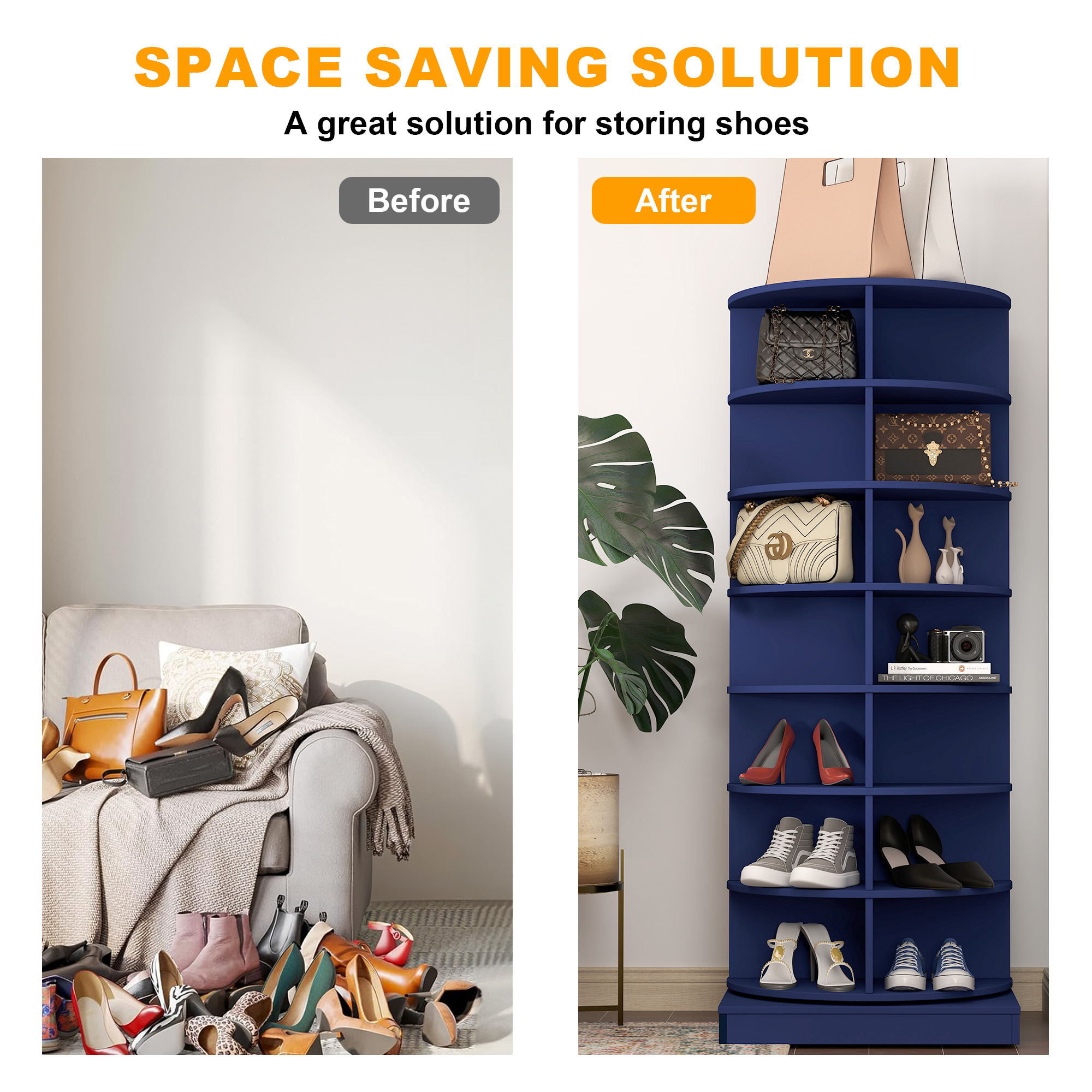 Aukfa 7-Tier Rotating Shoe Rack Tower, 360° Spinning Shoe Display Closet Organizer, Blue