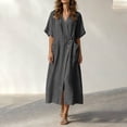 thumbnail image 4 of Horkkom Linen Dress Women Solid Color Crew Neck Short Sleeve Maxi Dresses Casual Flowy T Shirt Dress, S-2XL, 4 of 9
