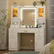 White Makeup Vanity Desk with Mirror and Lights, Large Vanity Table Set with Charging Station, Dressing Table with RGB Cabinets, Makeup Vanity Mirror with Lights Desk and Drawers, 3 LED Lights Modes