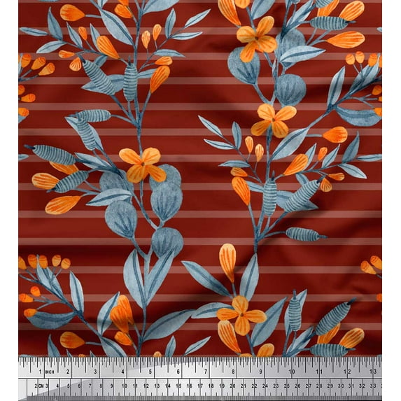 Soimoi Red Rayon Fabric Leaves & Floral Stripe Print Fabric by the Yard 56 Inch Wide