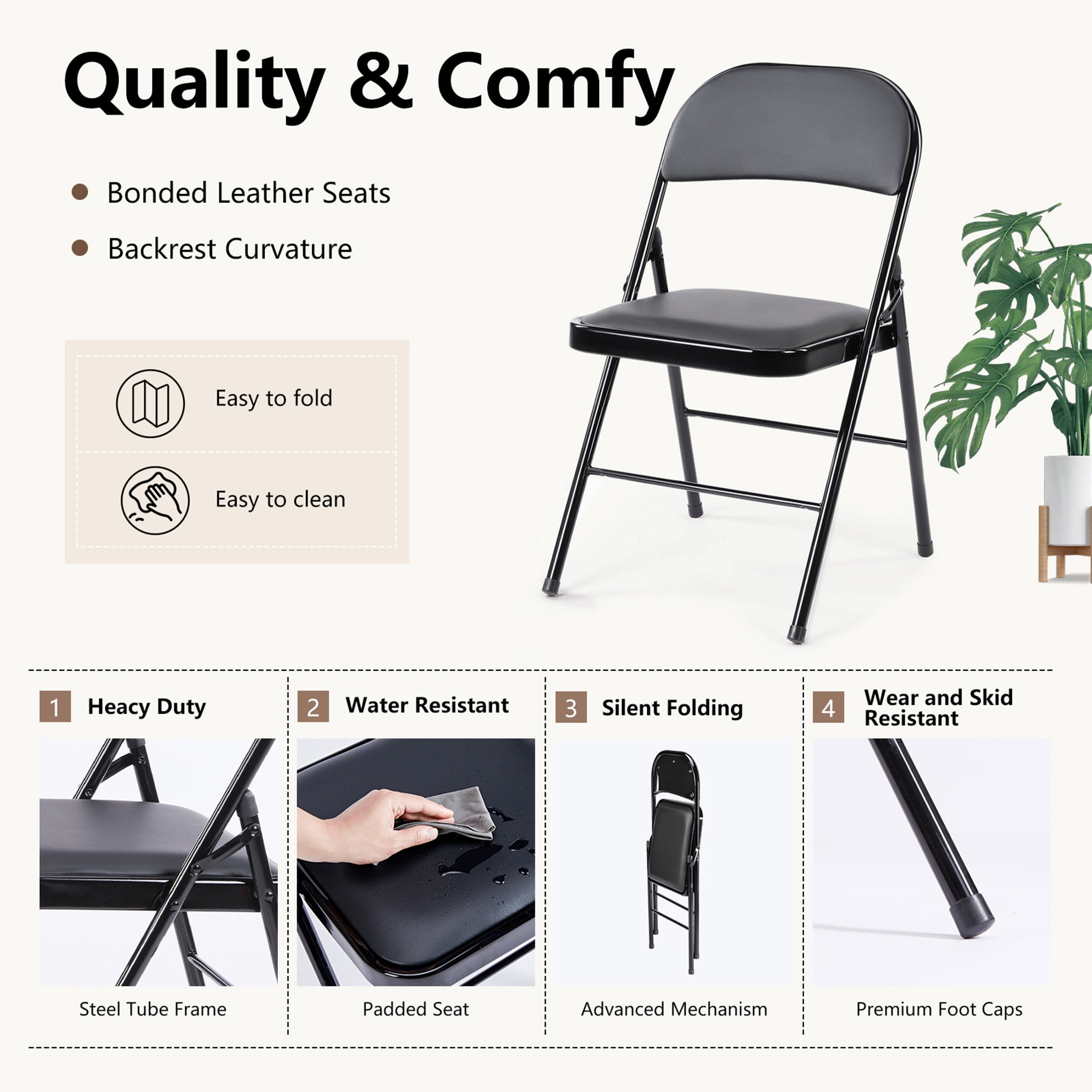 CONCETTA 2 Pack Folding Chair, Indoor Outdoor Portable Stackable Commercial Leather Padded Seat for Home, Office, Party, Black