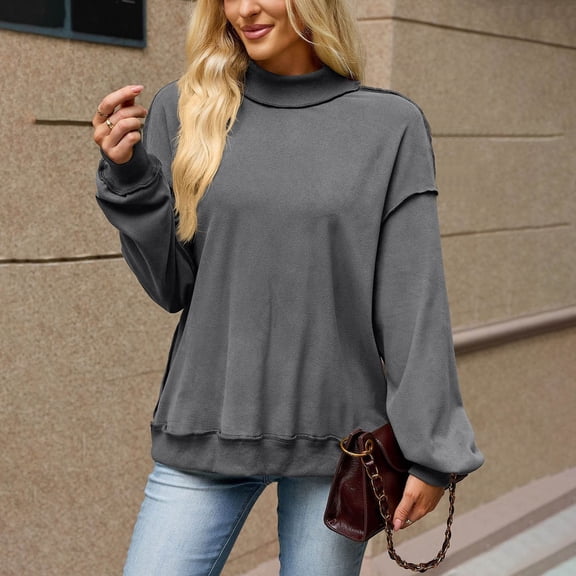 LEKWK Mock Neck Sweatshirt for Women Drop Shoulder Long Sleeve Lightweight Sweatshirt Fall Winter Casual Relaxed Fit Cozy Athletic Tops