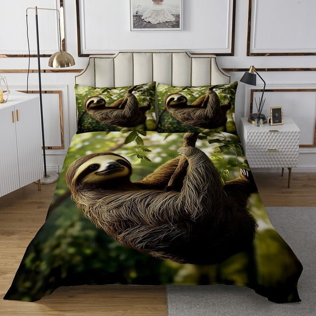 Sloth Bedspread Set Botanical Leaf Coverlet Set,Tree Branches Quilt Set Woodland Animals Bedding Set for Kids Boys Girls Teens,King