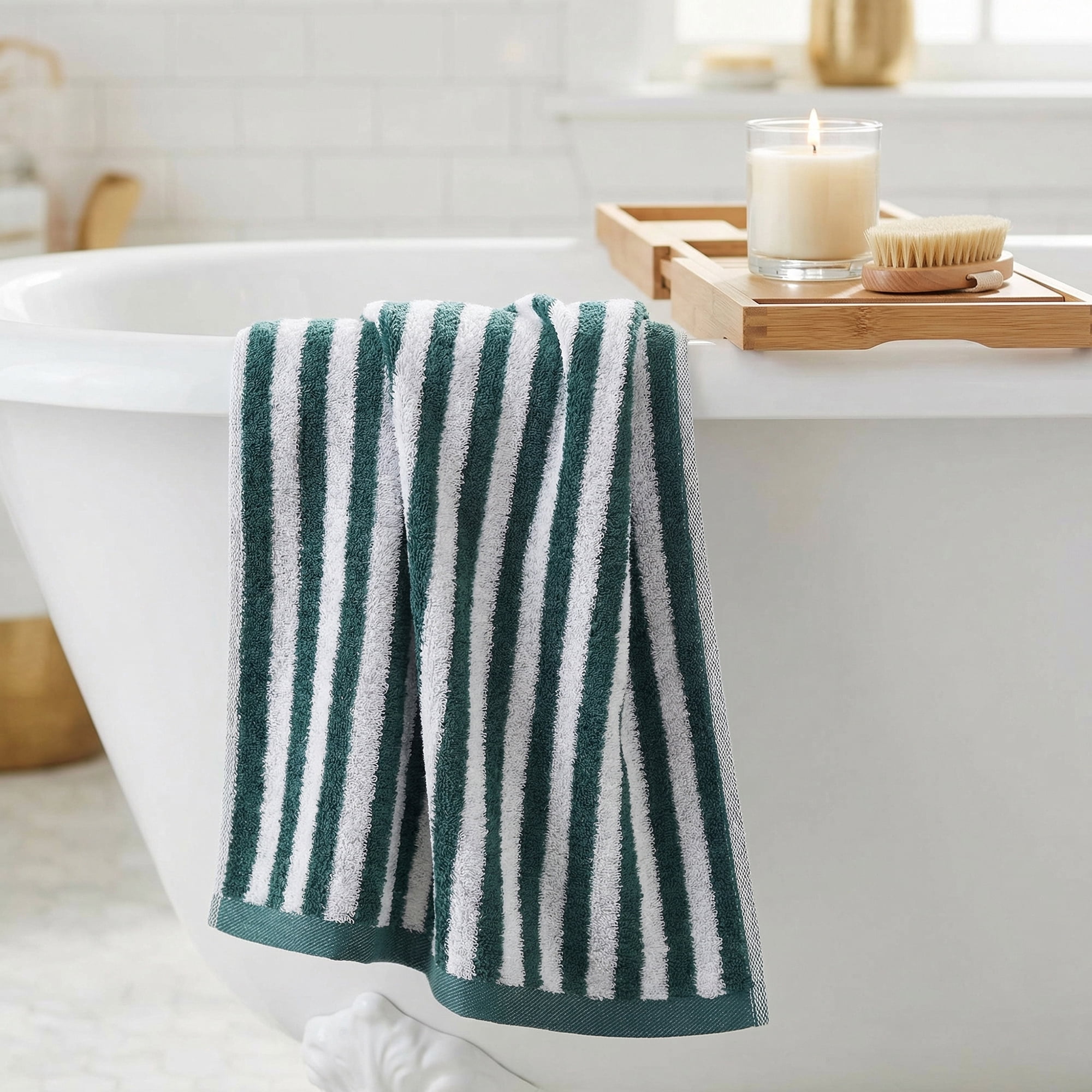 REGALWOVEN Classic Striped Cotton Hand Towels, Ultra Plush Absorbent Quick Dry Towels for Bathroom, Kitchen, Guest Room, 29" x 13" Green 4pk