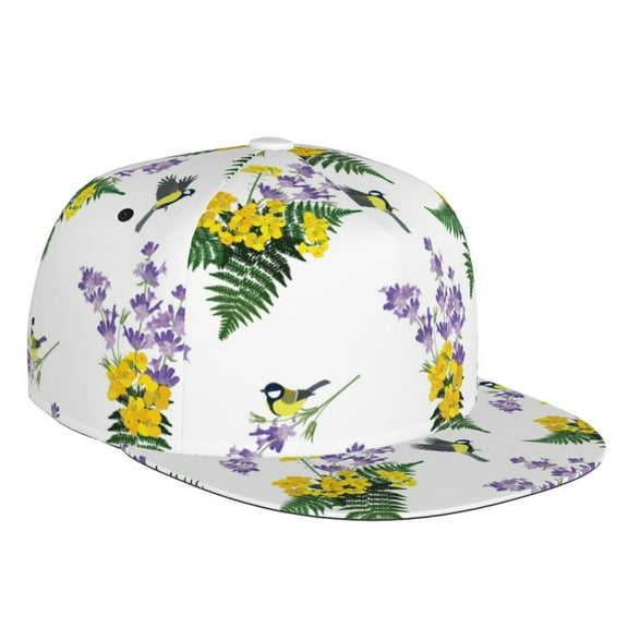 Flat Bill Trucker Hats for Women Men - Lavender Flowers Bird Adjustable Flat Baseball Cap Snapback Hats Dad Hats for Men