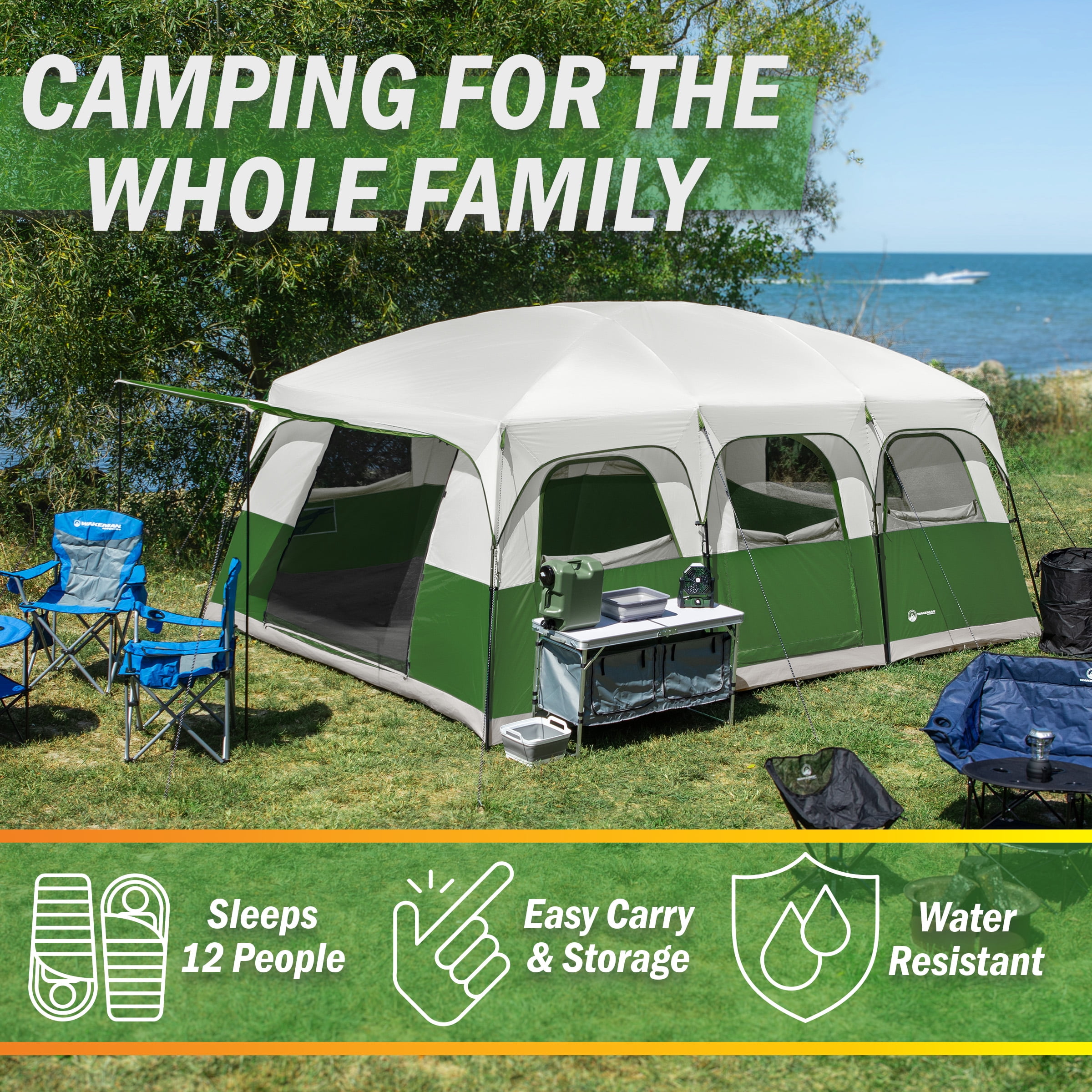 Wakeman Outdoors 12 Person Large Camping Tent - Tall Family Cabin Shelter with Room Dividers, Green