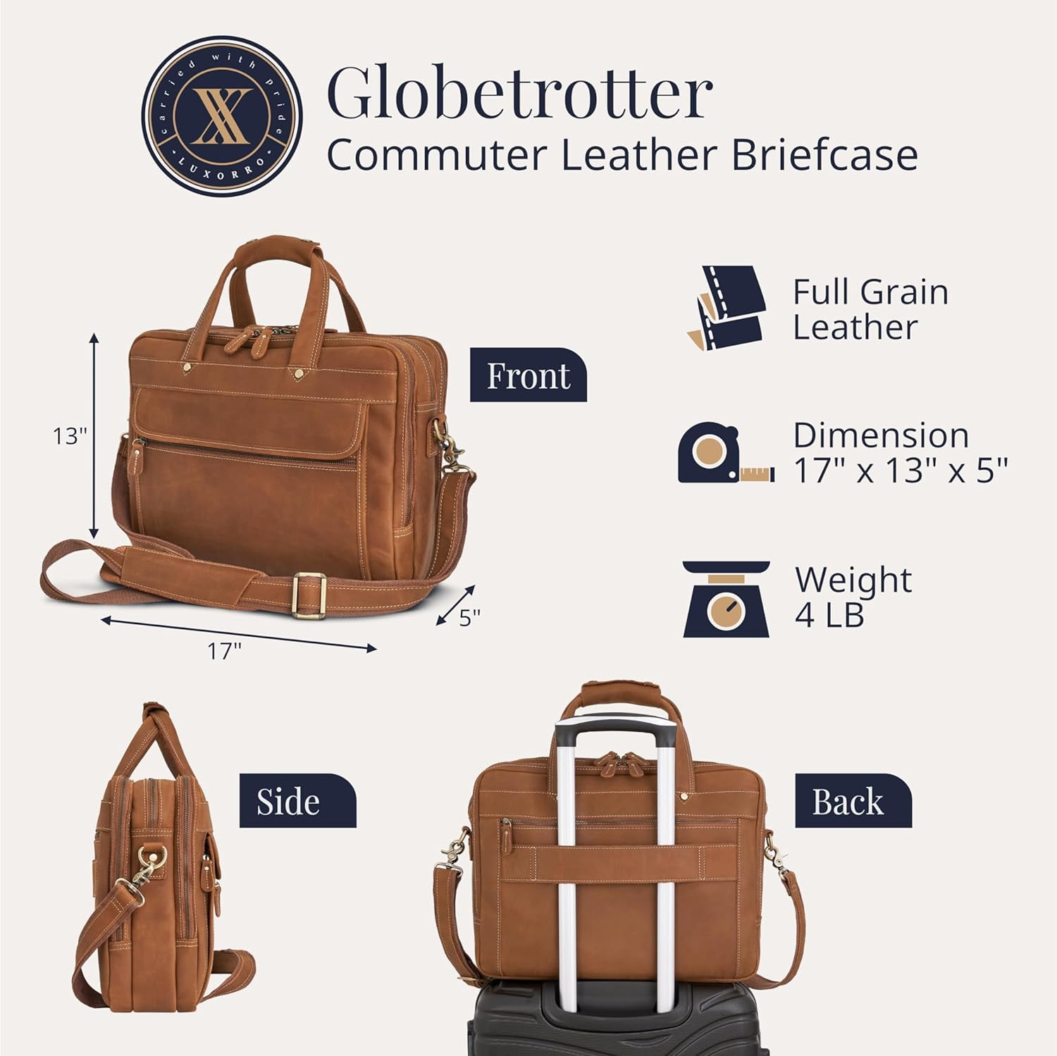 Full Grain Leather Briefcase for Men, Handcrafted, Fits 15.6" Laptop - Light Brown