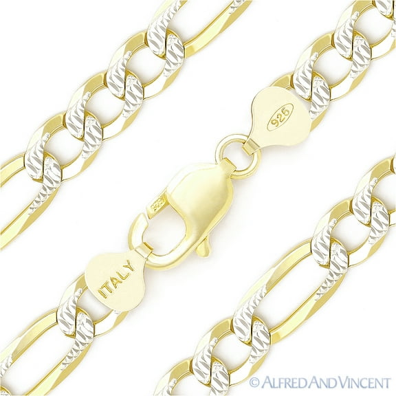 10mm Figaro / Figaroa Link D-Cut Pave Italian Chain Bracelet in .925 Sterling Silver w/ 14k Yellow Gold