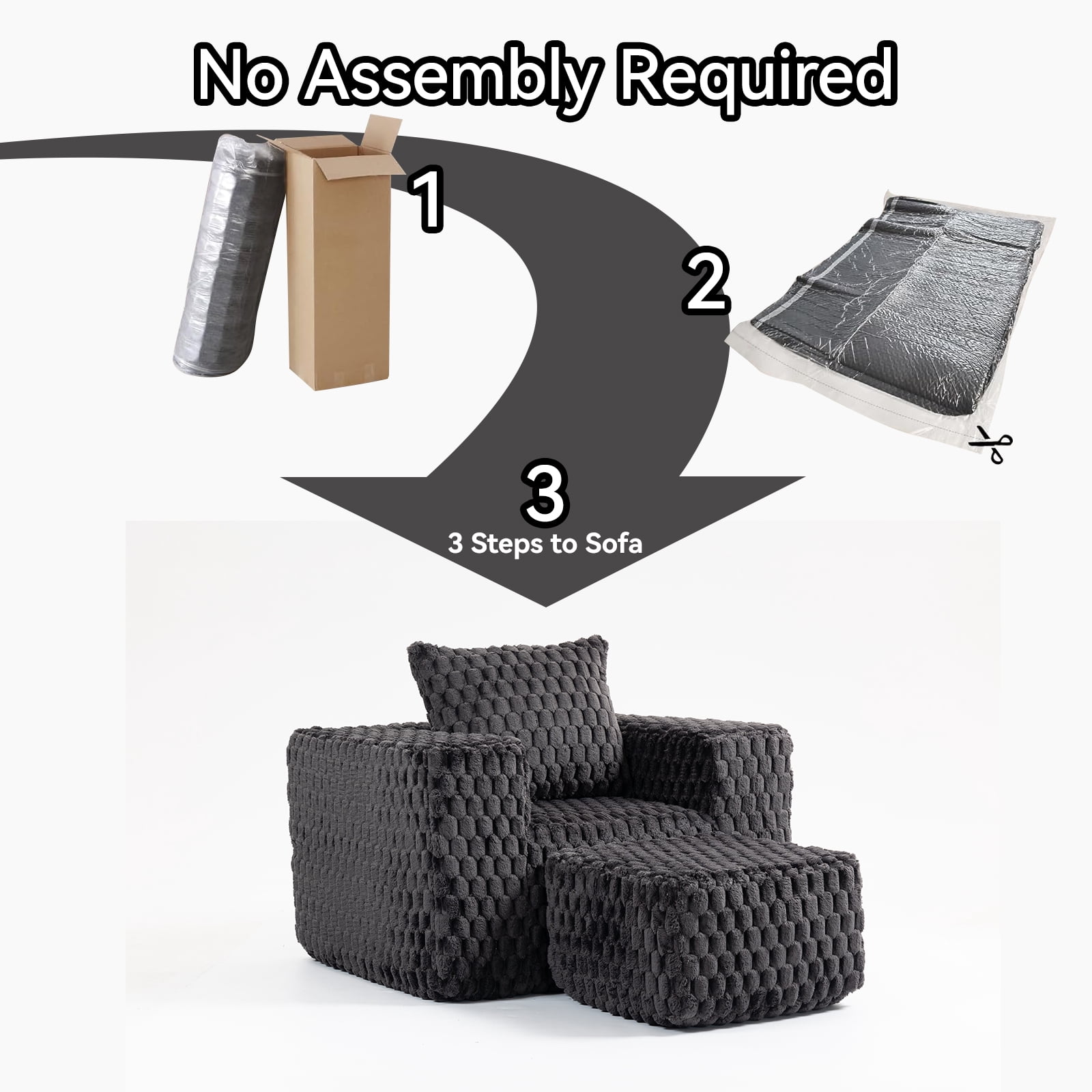 Lounge Sofa, Single Sofa, Boneless Chair with Ottoman and High Backrest, High-Density Foam Filled, No Assembly Required for Living Room, Compact Spaces, 43 Inch Wide, Black