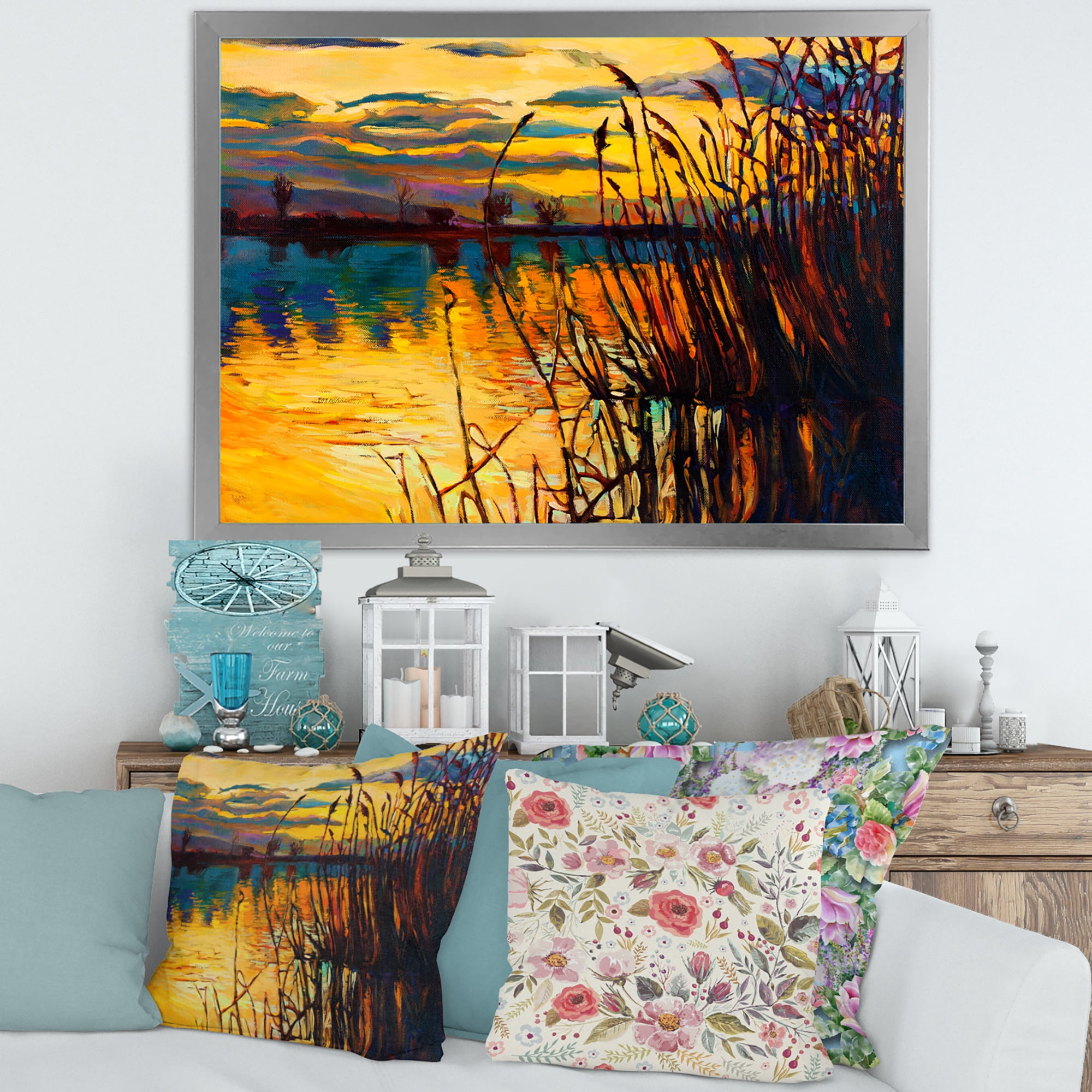 Designart 'Yellow Evening Glow Through The High Grass By The Lake' Nautical & Coastal Framed Art Print