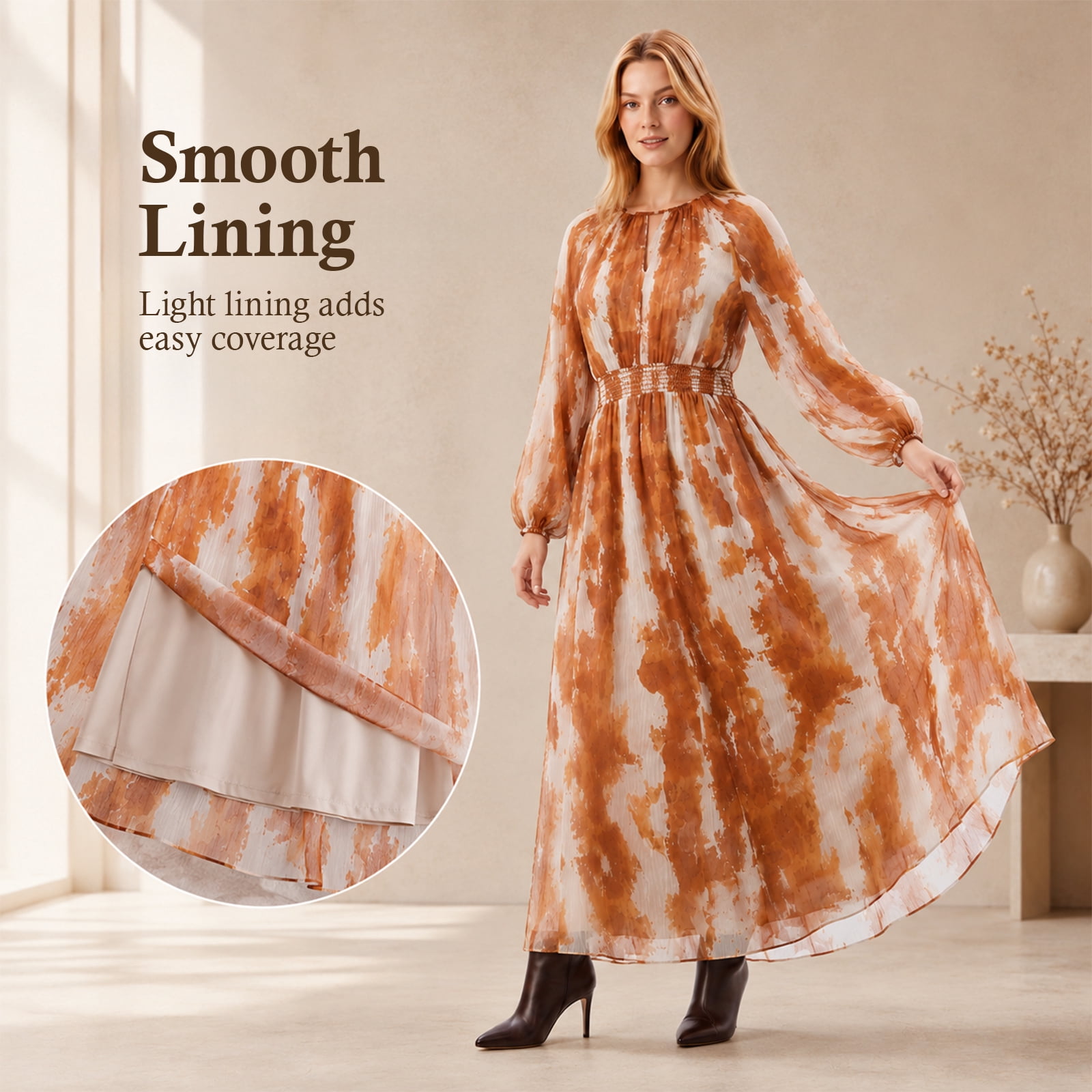 Alvantor Women's Smocked Waist Long Sleeve Maxi Dress, Orange Multi