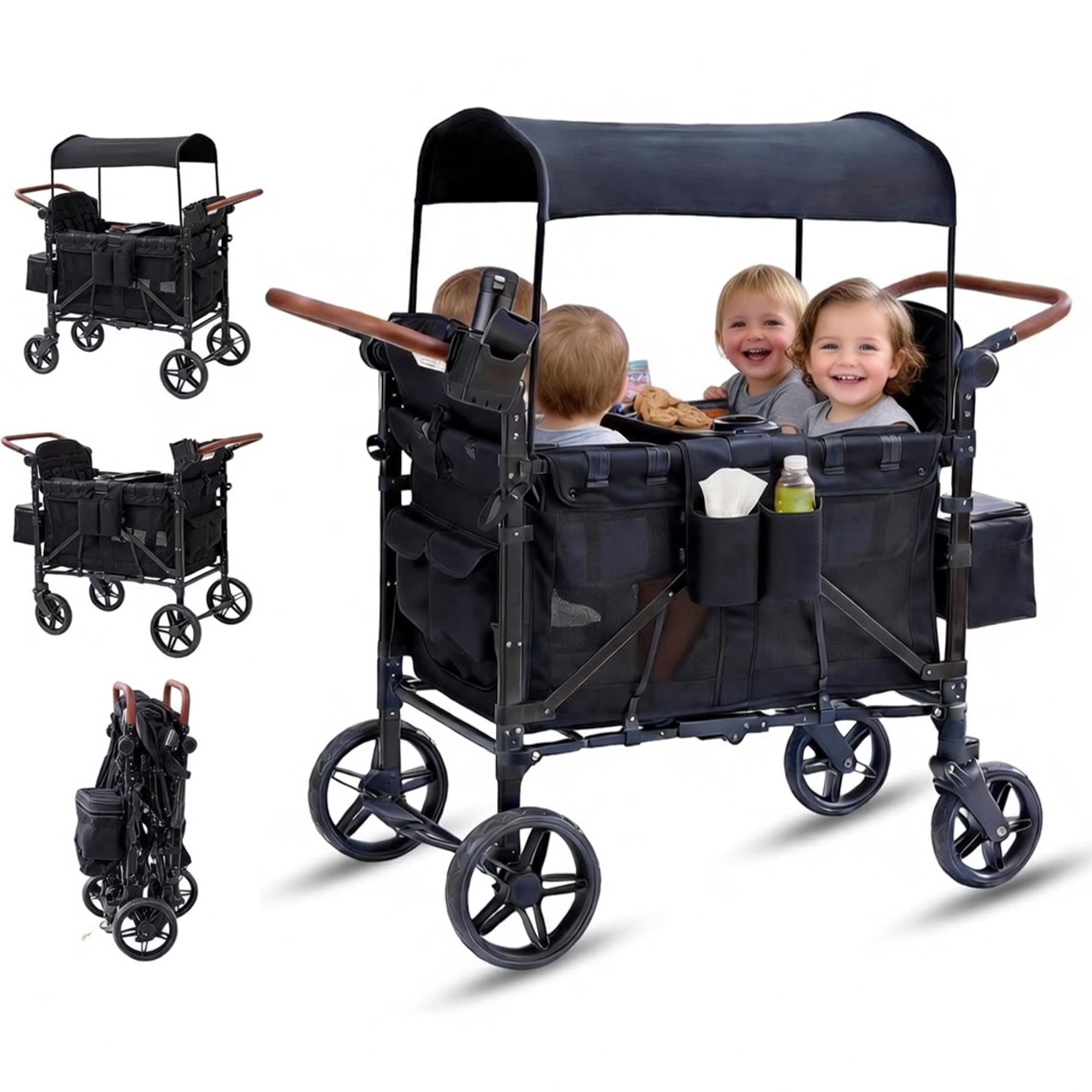 Stroller Wagon for 4 Kids, 4 Seater Wagon Stroller with Snack Tray, Large Storage Bag, Phone Cup Holder, Removable Canopy, Foldable Wagon Stroller 4 Seater with Adjustable Push Handles