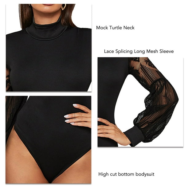 Women Long Lace Sleeve Bodysuit, High Cut Bottom Polyester Fiber Bottom  Snap Button Women Bodysuit Mock Neck For Holiday XL Black 