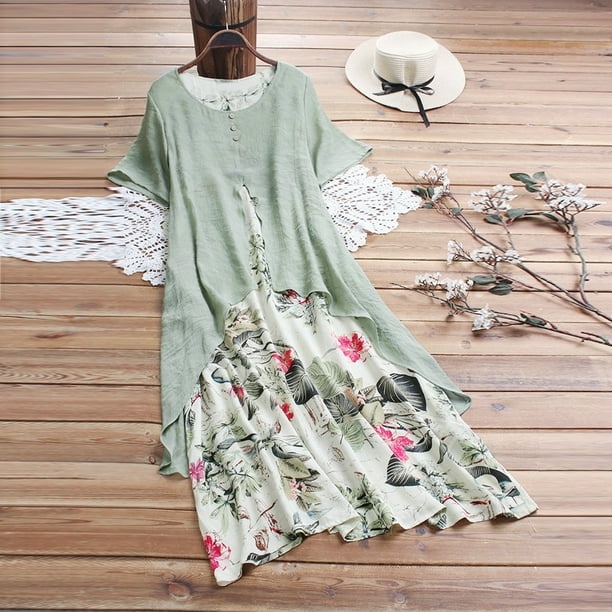 XZNGL Plus Robe de Taille pour les Femmes d Ete Femmes Vintage Patchwork Imprime Manches Courtes Ete Grande Taille Robe Maxi Robe Courte pour les Femmes Robe Maxi d Ete pour les Femmes Robe