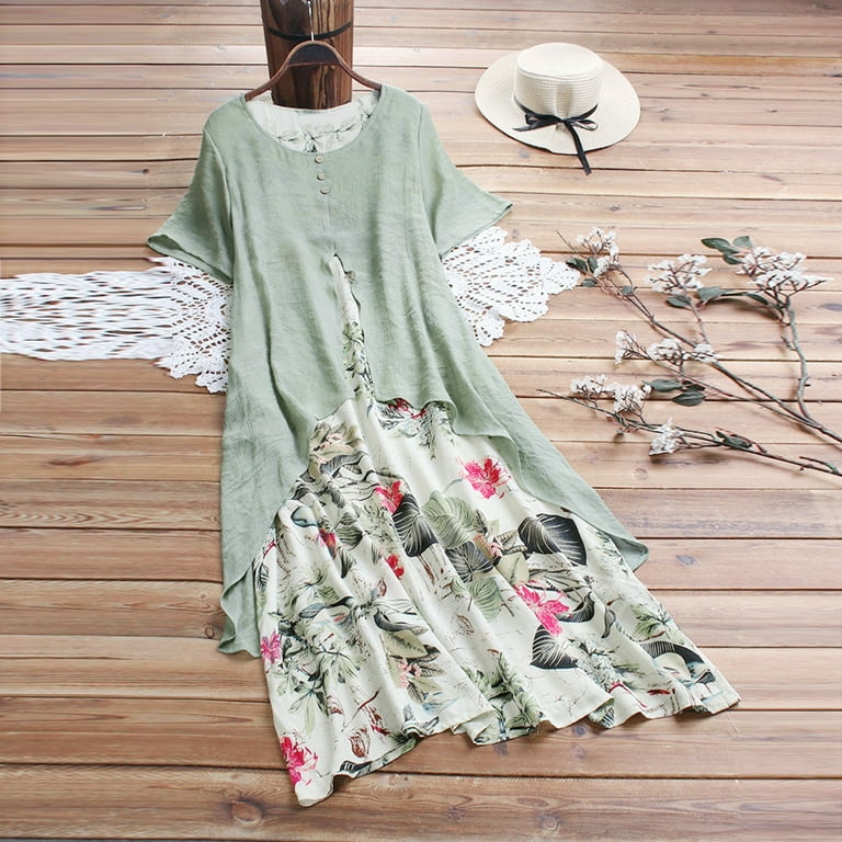 Baqcunre Womens Dresses Women Vintage Print Patchwork O Neck Short Sleeve Summer Plus Size Maxi Dress Holiday Dresses for Women Long Dresses for Women