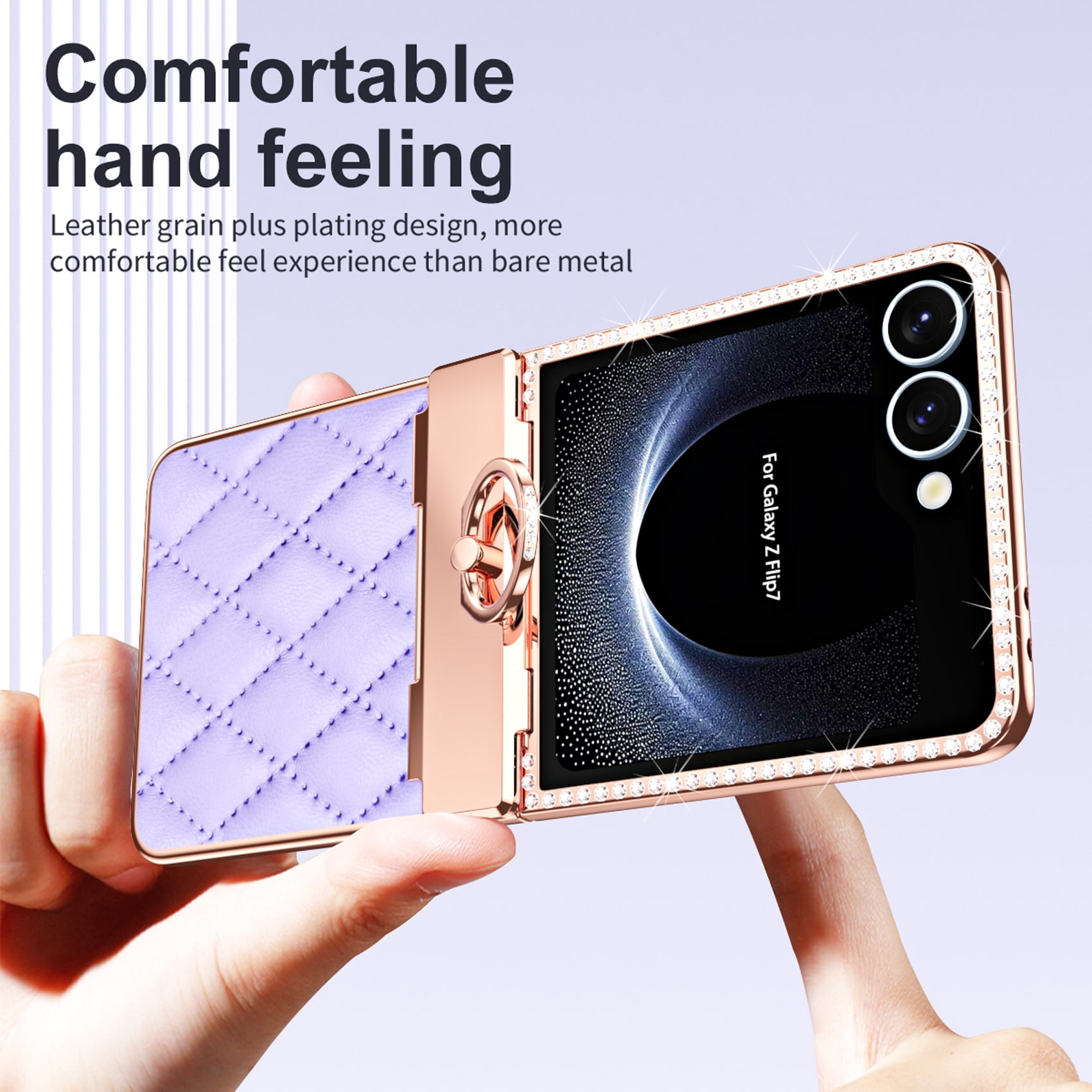 for Samsung Galaxy Z Flip 7 Case Hinge Protection with Finger Ring Holder, Premium PU Leather Hybrid PC All-Inclusive Diamond Bling Phone Case for Samsung Galaxy Z Flip 7 5G, Purple