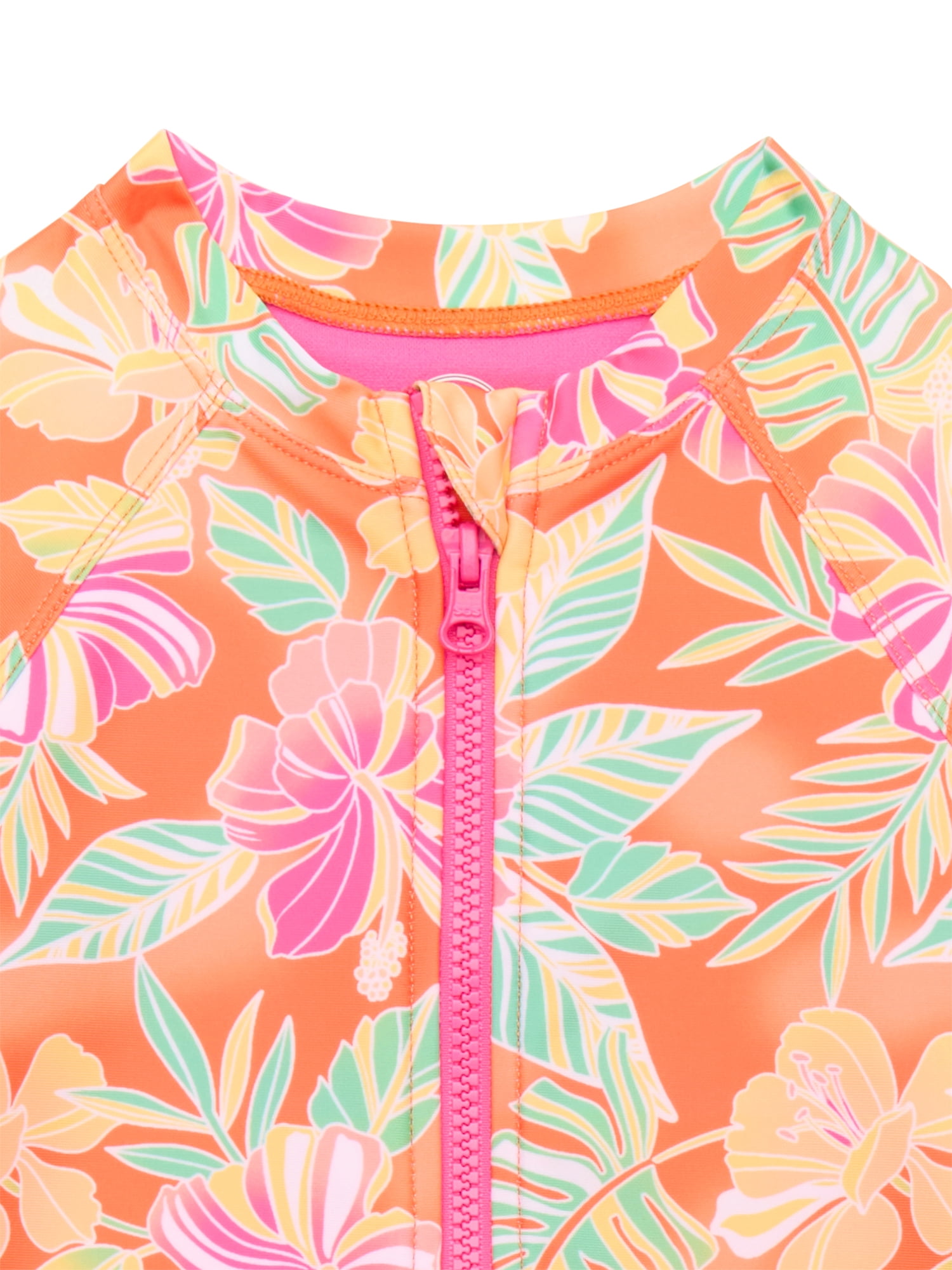 Wonder Nation Girls Zip-Up Rash Guard One-Piece Swimsuit with Long Sleeves, Sizes 4-18 & Plus
