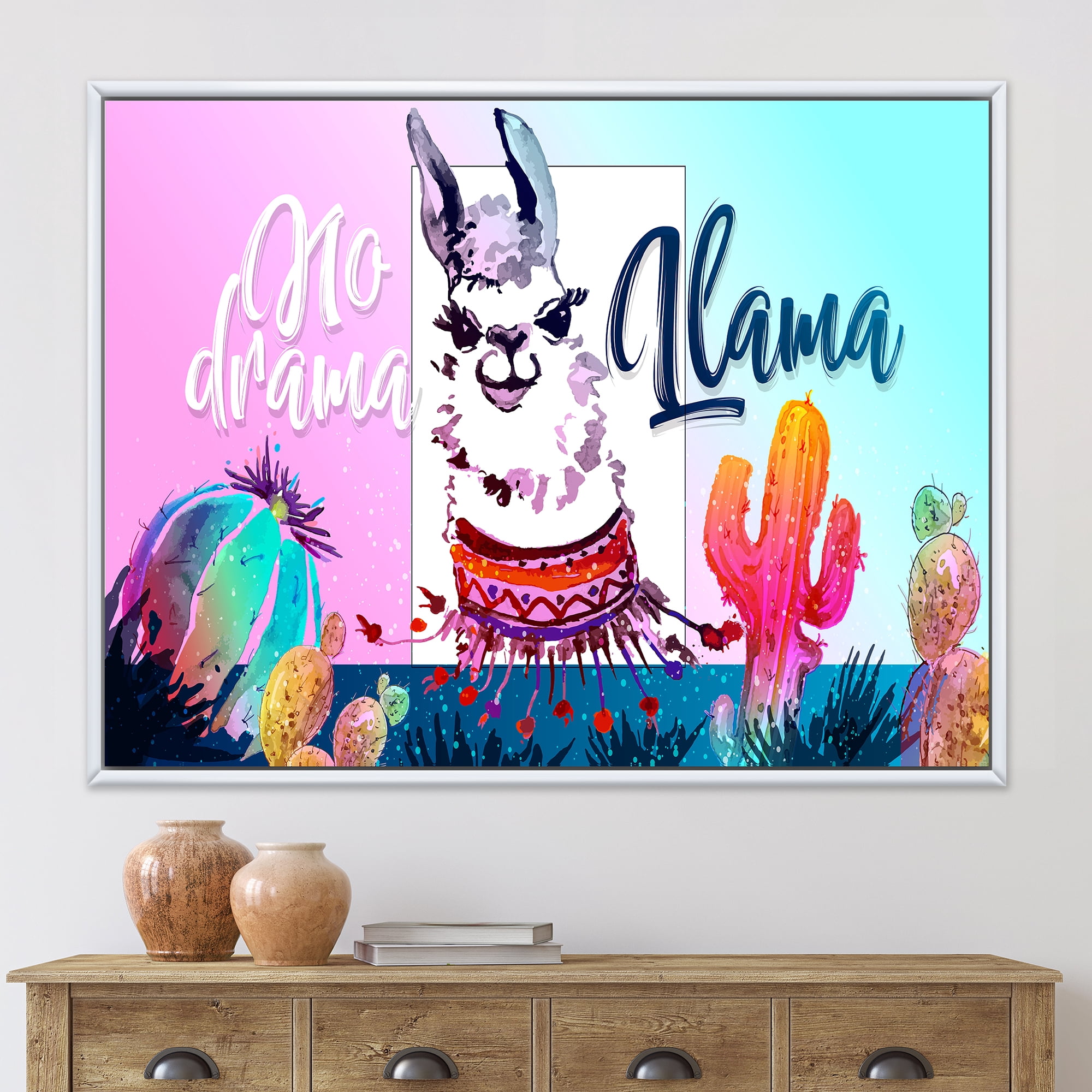 No Drama and Colorful Llama 40 in x 30 in Framed Painting Canvas Art Print, by Designart