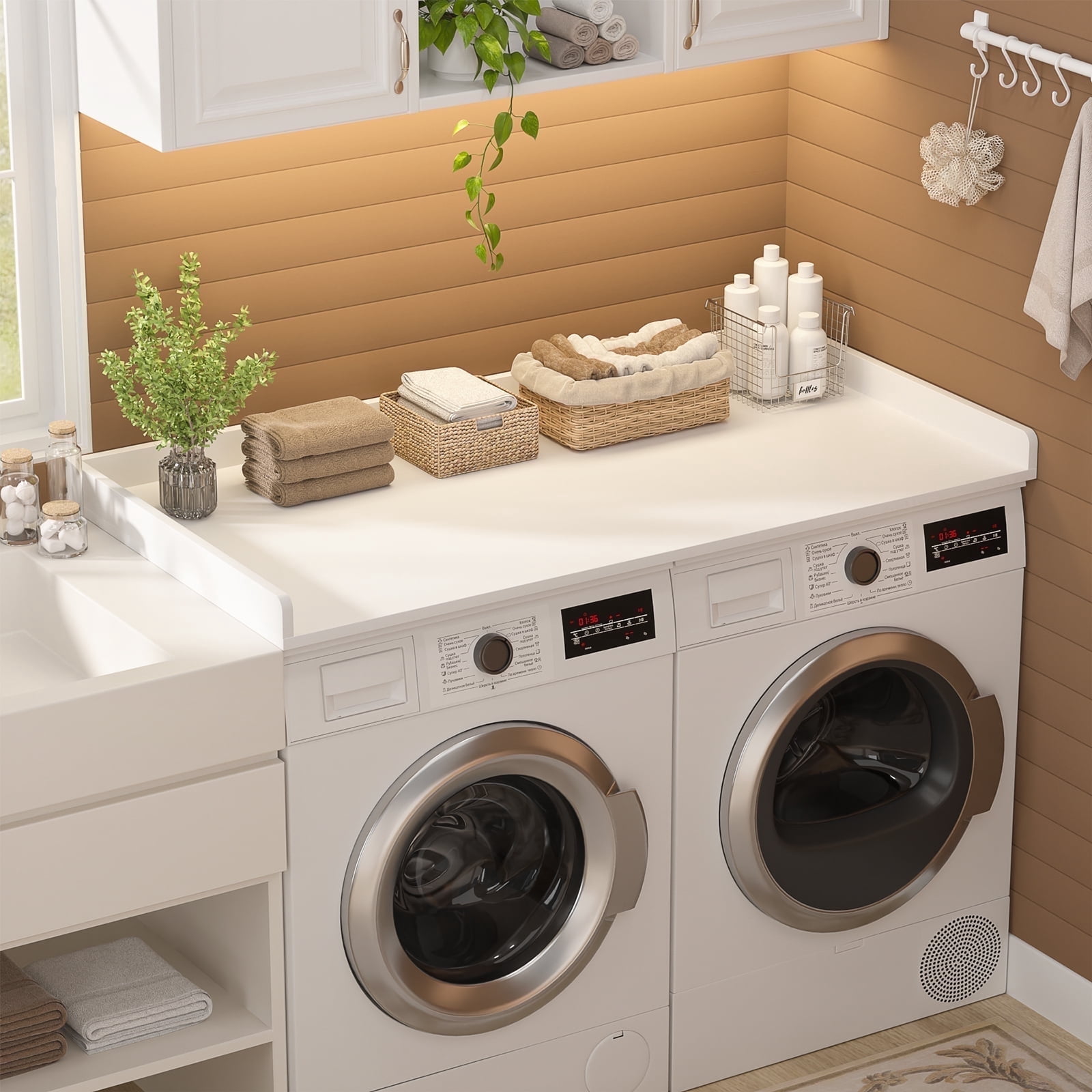 Homieasy Washer and Dryer Countertop, Laundry Room Organization with Non-Slip Pads, Wood Shelf Topper with Round Corner Edge Rails, Laundry Folding Organizer for Laundry, White