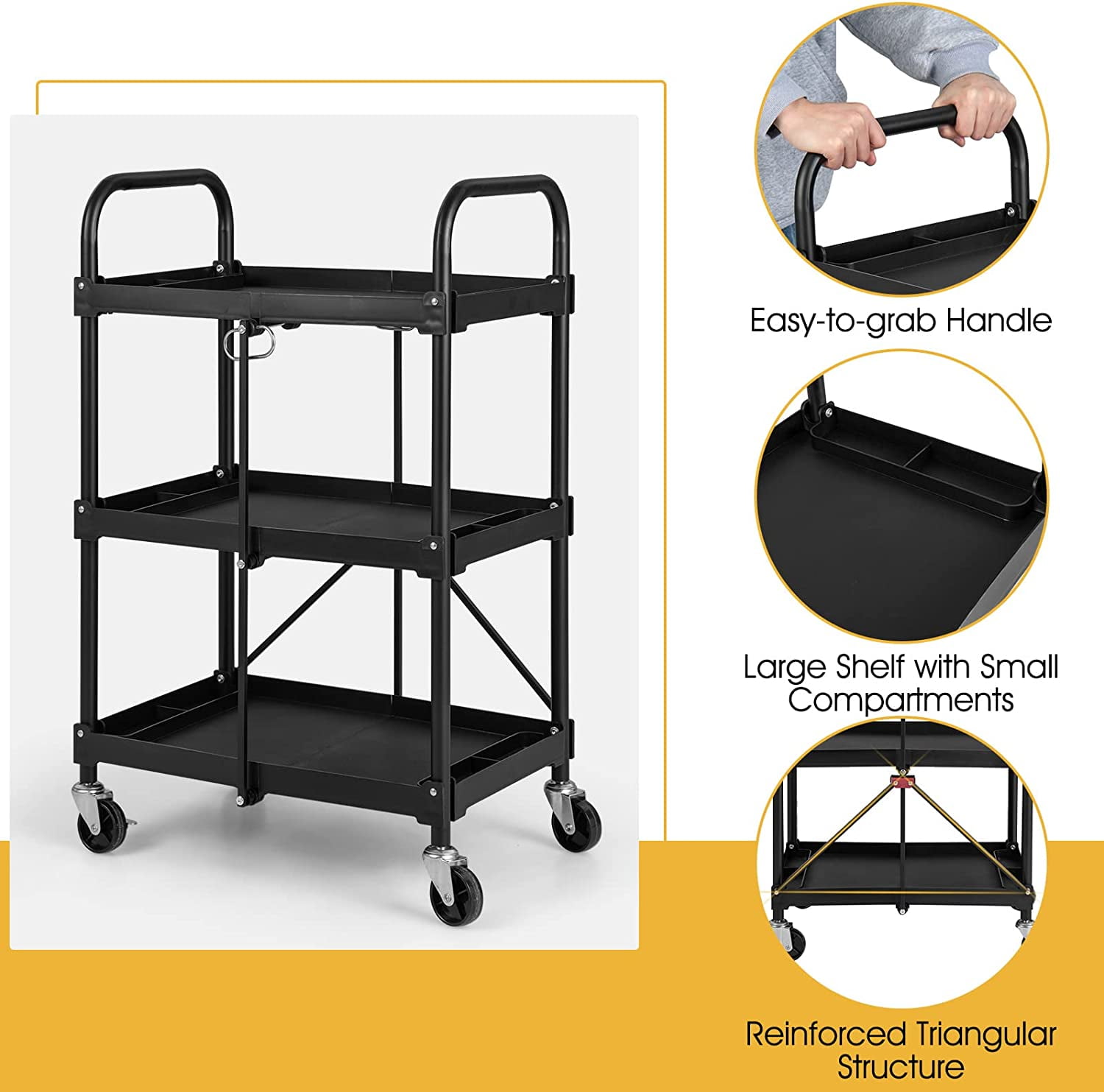 AISUO  Folding Utility Cart,3-Tier Rolling Tool Cart w/Lockable Wheels, 300LBS Capacity,Divided Storage Compartments,Collapsible Metal Service Cart Work Cart for Office Home,Garage,Kitchen,Black