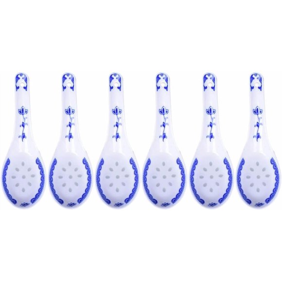 MISSUNNY 6Pcs Chinese Style Ceramic Soup Spoons, Blue Porcelain Mini Asian Soup Spoons, Japanese Ramen Ladle for Kitchen, Restaurant, Home Use