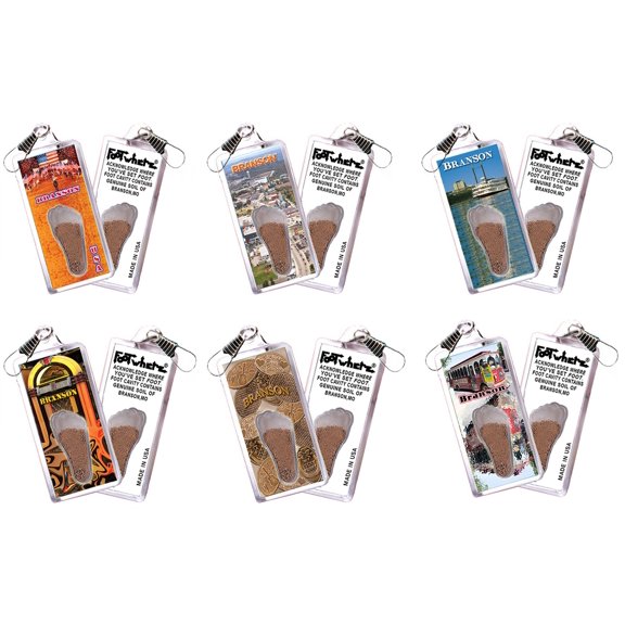 Branson FootWhere Souvenir Zipper-Pulls. (BS300 - Assorted) 6 Piece Set.