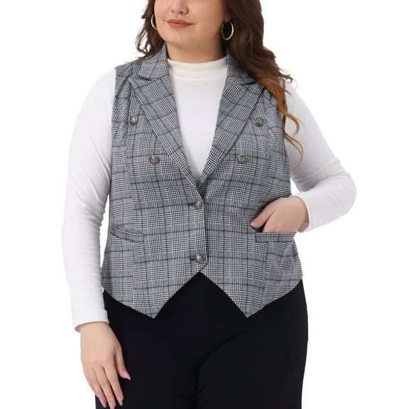 DARING DIVA Women's Plus Size Vintage Office Plaid Steampunk Checkered Vest 1X Grey