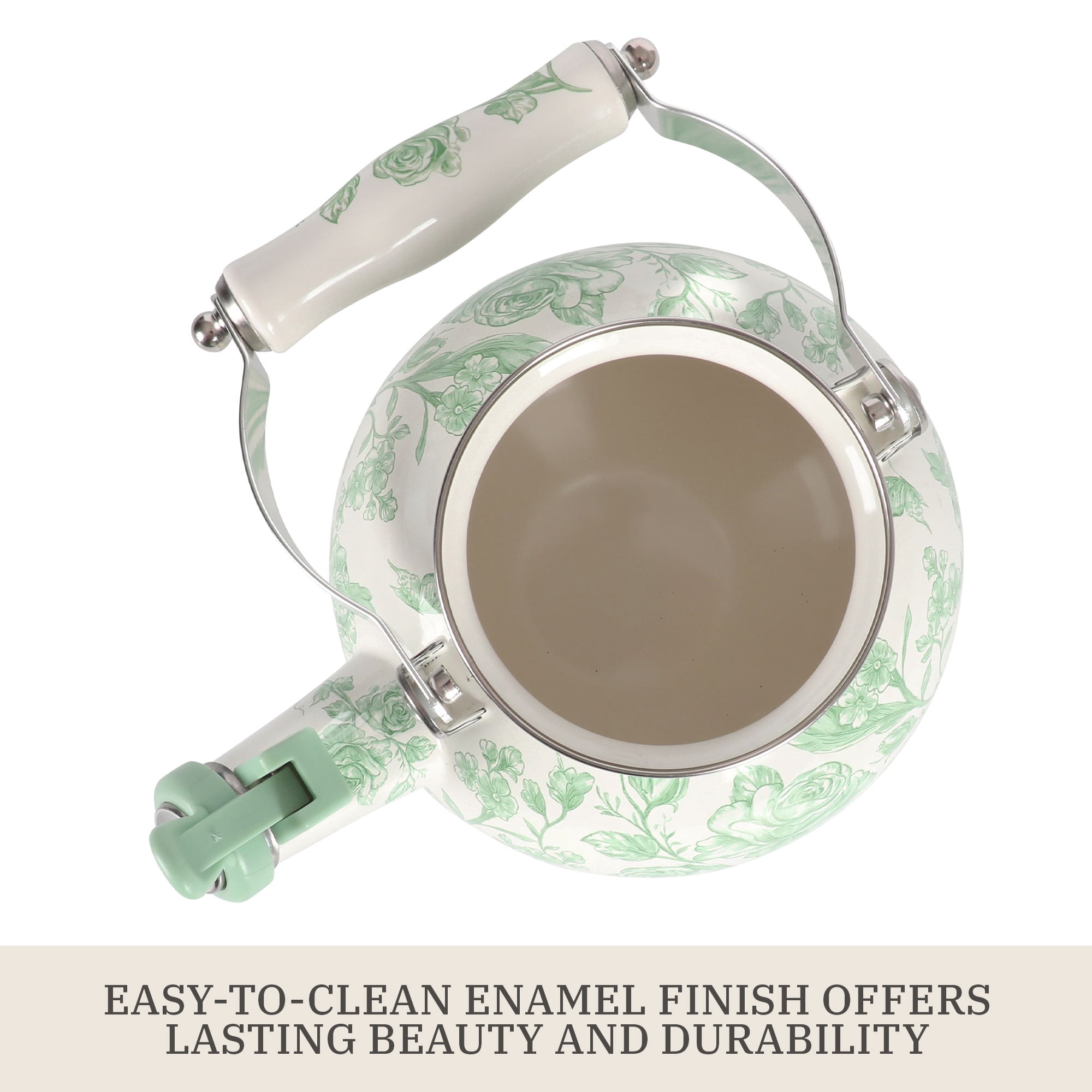 The Pioneer Woman Agatha 2.0-Quart Enamel on Steel Whistling Tea Kettle, Green