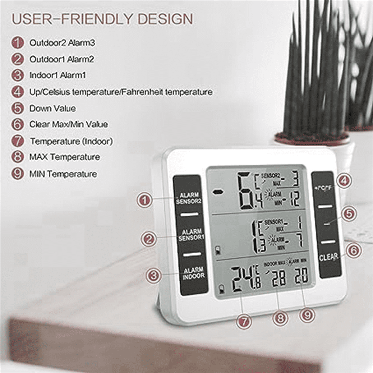 2X Wireless Refrigerator Thermometer Digital Freezer Thermometer Temperature Monitor with 4 Sensors for Indoor Outdoor