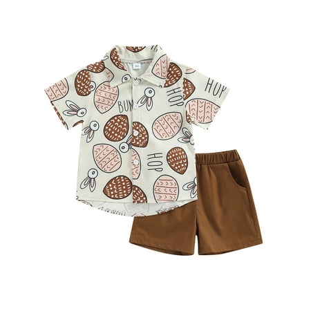 

Easter Toddler Baby Boys Gentleman Outfits Bunny Print Short Sleeve Button Down Shirts and Shorts Summer Clothes Set