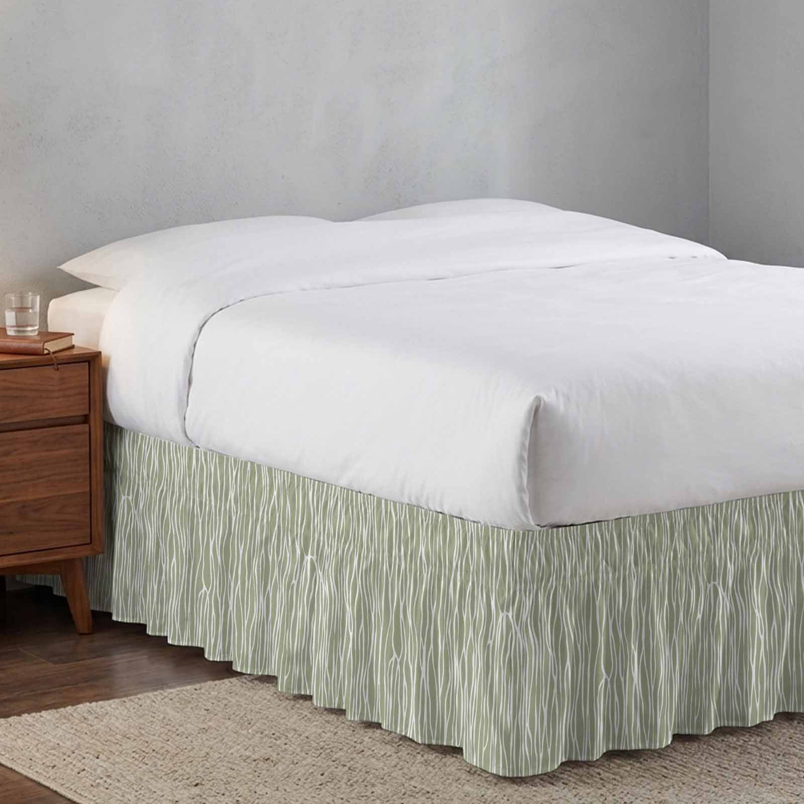 Bed Skirt Sage Green Stripe Adjustable Elastic Wrap-Around Dust Ruffle with Retro Abstract Art Farmhouse Sage Green Stripe Waves 18 Inch Drop, Bed Frame Cover for King Size Bed