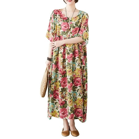 

OWSOO Women Summer Loose Dress Vintage Printed with Pockets Short Sleeves Round Neck Drop Shoulder Casual Holiday Dress Pink