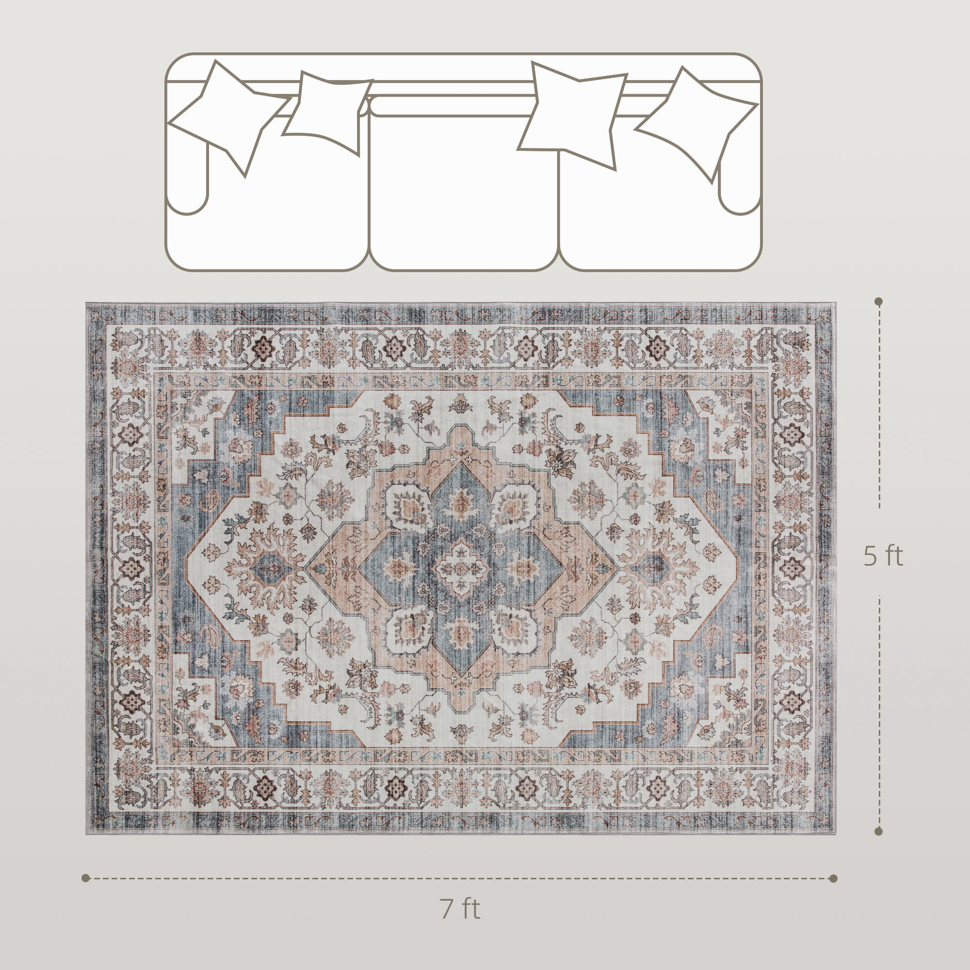 5' x 7' Area Rug, Vintage Pattern Rug with Anti-Slip TPR Backing, Soft Floor Carpet for High Traffic Living Room, Easy to Clean