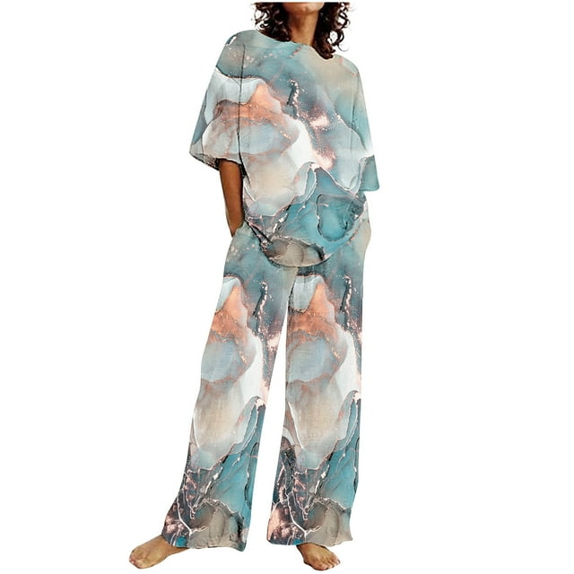 Hauts à Manches Courtes pour Femmes Ensemble d'Été Mode Imprimé Couleur Pantalon Décontracté Ensemble Deux Pièces Hauts à Manches Courtes pour Femmes Hauts d'Été pour Femmes avec Manches