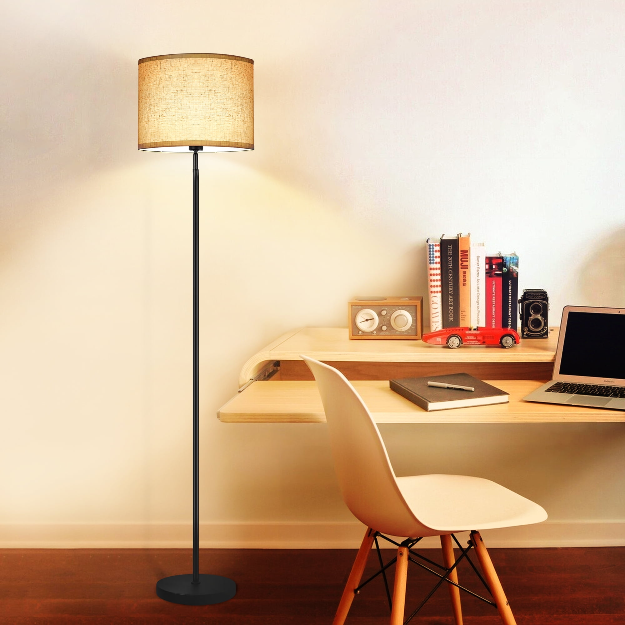 OUTON Modern Floor Lamps for Living Room, 63" Standing Lamp with Linen Shade, Tall Pole Lamps for Bedroom, Office,Black,Bulb Included