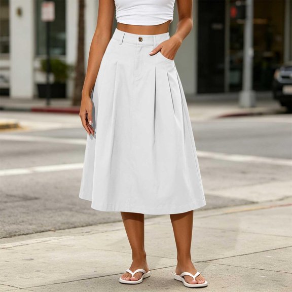 WQNVRNR Womens Max Skirt- Pleated Elastic Waist Casual Zip Button Summer A-Line Long Skirts White Size XL