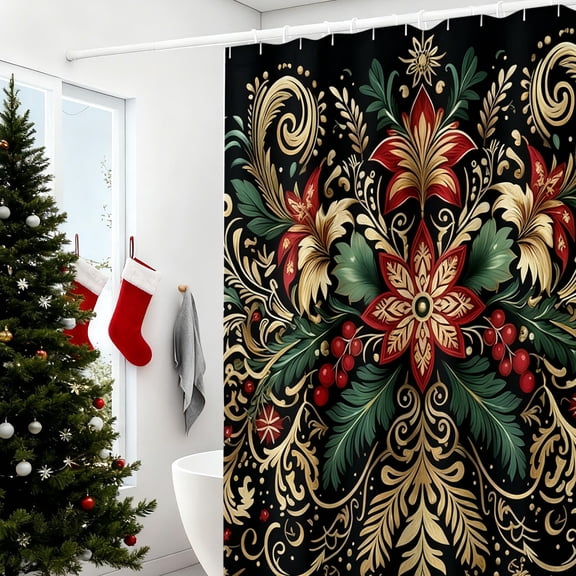 Honmine Classic Pattern Shower Curtain, Bathroom Fabric Curtain with 12 Hooks, No Punch Required Waterproof Liner for Bathroom, Shower, Tub, Home