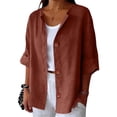 thumbnail image 4 of UPPADA Womens Tops Summer Cotton Linen V Neck 3/4 Length Sleeve Womens Tops Button Down Short Sleeve Casual Loose Fit Blouses Tunic Brown,XXL, 4 of 4
