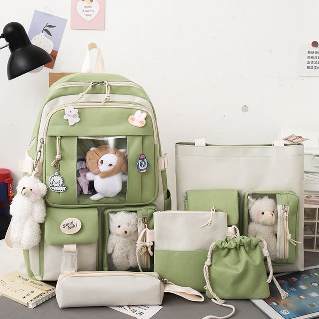 Bolsa Bolso 5 unidades/juego de mochilas escolares de lona para mujer, mochilas escolares Kawaii para estudiantes (verde)