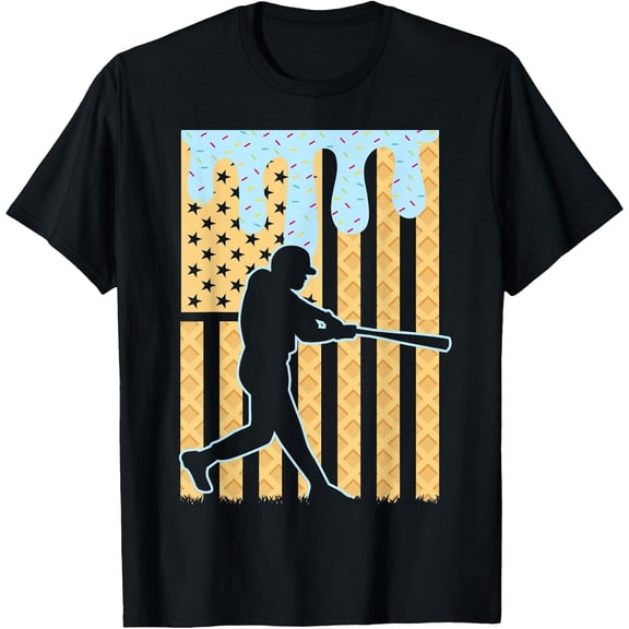 Baseball Drip Boys Dripping Ice Cream Baseball American Flag T-Shirt, T-Shirt for Kids Youth, 180gsm, 100% Cotton
