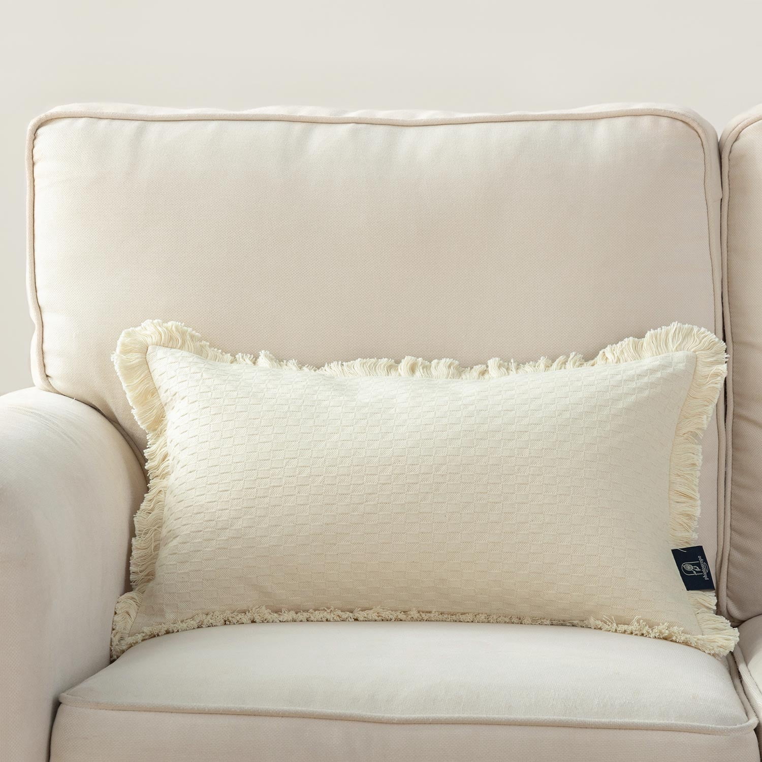 Phantoscope Fringe Trim Textured Woven Decorative Throw Pillow with Insert, Boho Checker Pattern, Cream, 20 x 20 in, 1 Pack